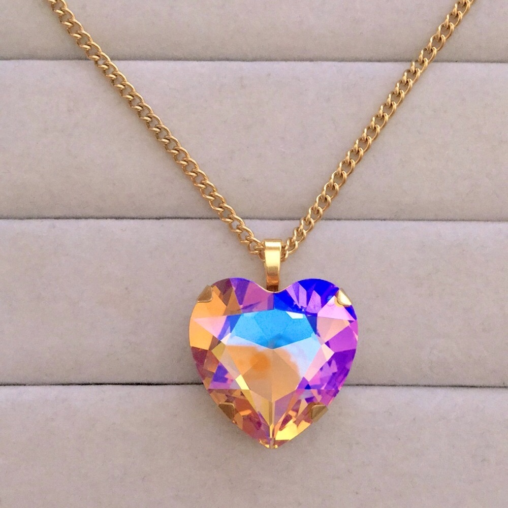 Iridescent Topaz Pink Rose Aurora Borealis + Gold Crystal Heart Drop Necklace - Picture 3 of 8